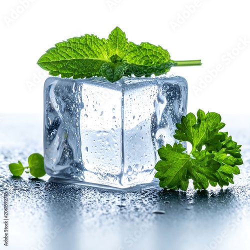 A refreshing cube of ice garnished with green herbs on a sleek surface