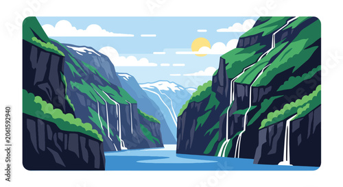 Schilderij op canvas Flat style vector of a Norwegian fjord landscape with steep cliffs, calm waters
