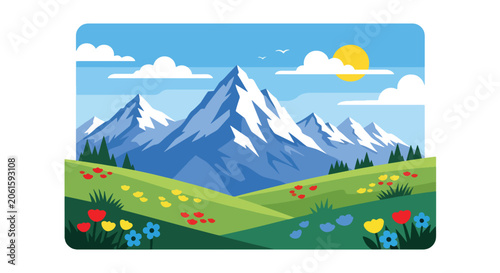 Flat style vector of a Swiss alpine meadow filled with wildflowers and mountain scenery, representing peaceful countryside landscapes and outdoor tourism