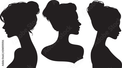 Tableau sur toile A compelling set of three black female silhouettes, captured elegantly in profile, each showcasing a unique and beautifully detailed classic updo against a brilliant white backdrop
