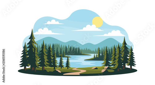 Bilde på lerret Flat style vector of a Finnish forest landscape with pine trees, lakes and natur