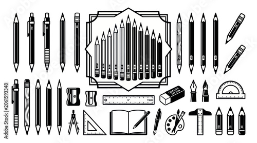 Fotografie Drawing and Drafting Tools Collection: Pencils, Pens, Ruler, Compass, Eraser, Pa
