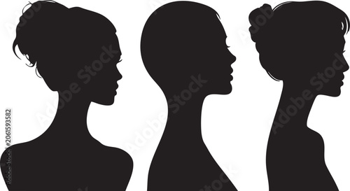 Cuadro en lienzo A trio of diverse female silhouettes is showcased in elegant side profiles, featuring a range of hairstyles from sophisticated updos to a chic, short bob cut