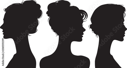 Φωτογραφία An exquisite composition of three female silhouettes is depicted in side profile, each displaying a beautifully coiffed updo hairstyle, emanating grace and sophistication