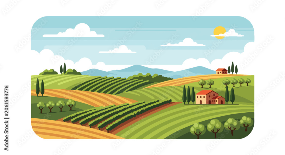 Fototapeta premium Flat style vector of an Italian vineyard landscape with rolling hills and cultivated fields, showcasing agricultural scenery and rural tourism
