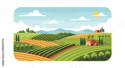 Photos Flat style vector of an Italian vineyard landscape with rolling hills and cultiv