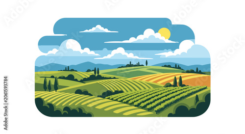 Cuadro en lienzo Flat style vector of an Italian vineyard landscape with rolling hills and cultiv