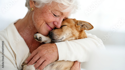 Senior woman embracing beloved pet dog at home showing companionship emotional support comfort wellbeing and lifelong friendship