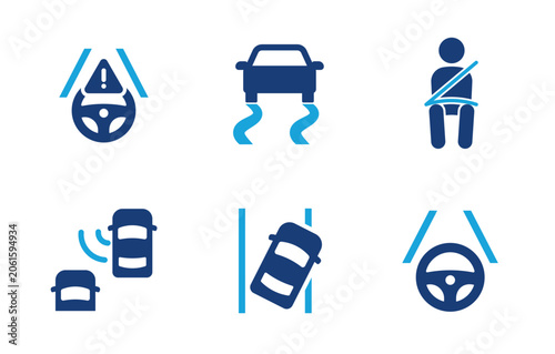 Canvas Print Collection of automotive safety system icons such as blind spot warning, lane departure warning, self-driving assist, seat belts, electronic stability control