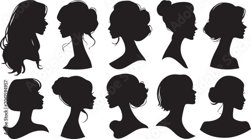 Bild auf Leinwand A beautiful compilation of ten distinct female head silhouettes presented in side profile, each exhibiting a unique and fashionable hairstyle for creative design use