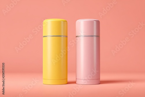 Yellow and Pink Refillable Deodorant Containers on Coral Background