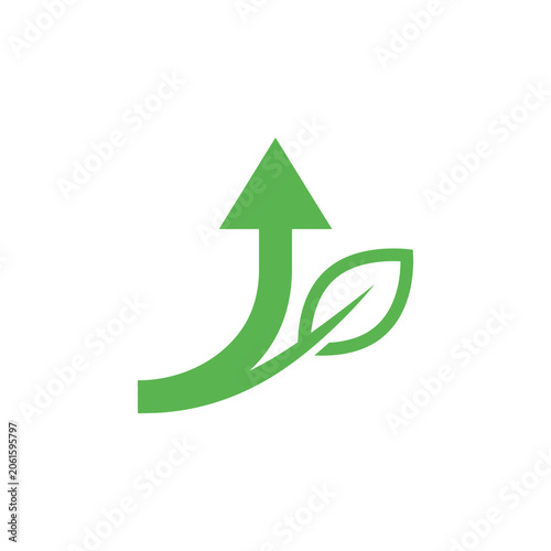 Curved green arrow transforming into a leaf.