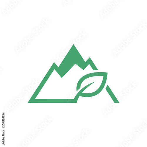 Minimalist green mountain and leaf logo icon.