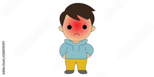 Fotografie Cute cartoon boy standing with a red blushing face from anger or fever, looking furious and grumpy with hands behind back, isolated on white