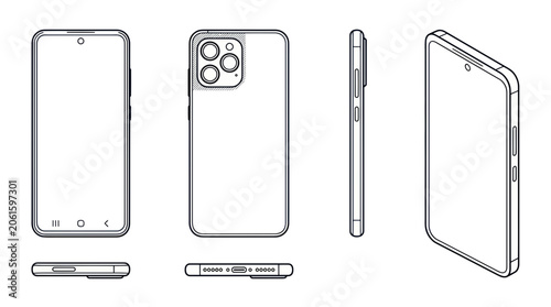 Smartphone Line Art - Front, Back, Side, Isometric Views