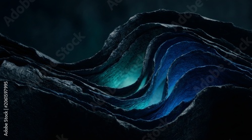 Glowing Japanese Washi Paper Waves with Bioluminescent Blue Gradient Abstract Background