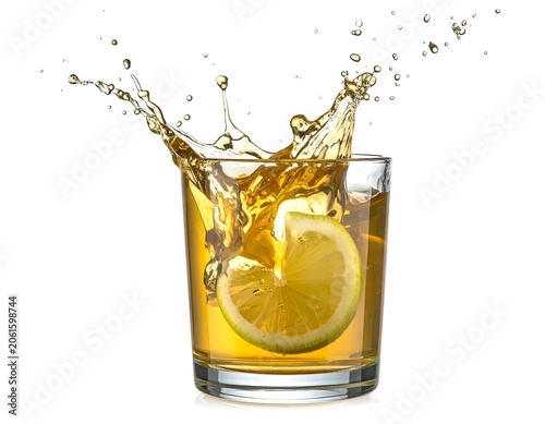 A refreshing glass of amber liquid with a splashing effect and a lemon slice