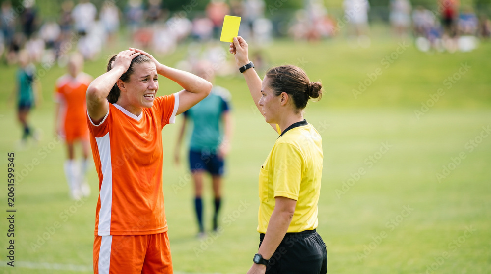 Obraz premium Soccer player receiving a yellow card while expressing surprise on field 