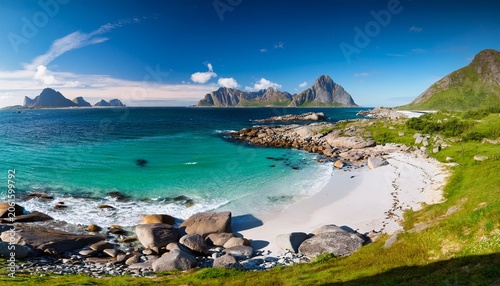 rocky seashore beach with white sand beautiful nature of norway lofoten islands ramberg
