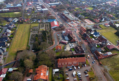 Aerial view around the old town of the city Dörpen in Germany on a sunny late winter morning