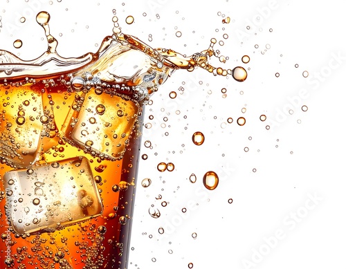 A refreshing glass of brown liquid with ice cubes and splashing water