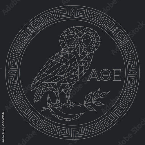 A geometric owl illustration sits on a branch within a circular Greek border.