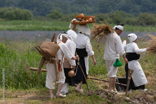 Reenactment of traditional Korean rural farming life with villagers carrying straw bundles, food baskets and wooden tools in a countryside field.