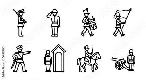 Photos Military Icons Set: Guard, Drummer, Soldier, Cavalry, Cannon, Vector Graphics
