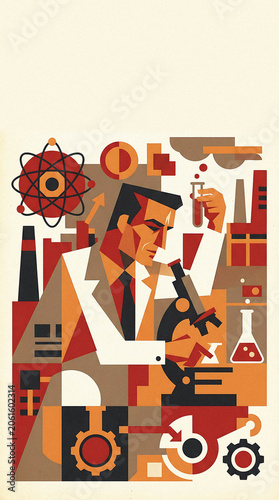 Scientist looking through microscope in laboratory. Man working on research with chemical equipment.