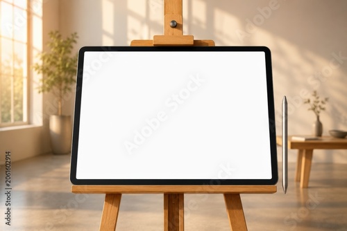 Blank Canvas on Easel in Sunlit Art Studio with Modern Decor