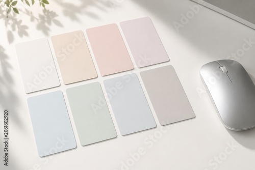 Soft Pastel Color Palette on a Modern Desk with Computer Mouse