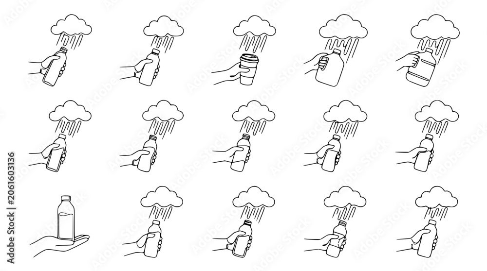 Obraz premium Hand holding beverage containers under rain cloud line art illustration