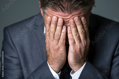 Man covers face with hands showing distress in a suit in a plain background during a stressful moment in a workplace setting