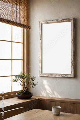 Distressed wood frame mockup for wall art display in Japanese Zen cafe with wabi-sabi atmosphere and soft natural light