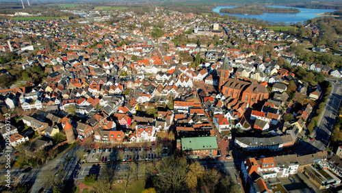  Aerial view beside the old town above the city Haltern am See in Germany, on a sunny noon in autumn.