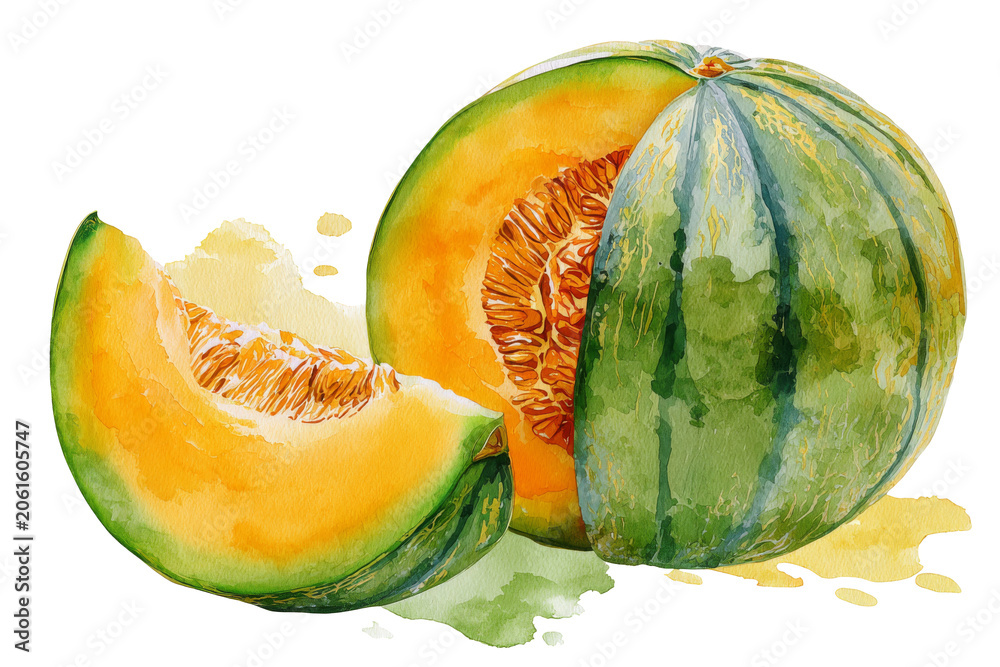 Fototapeta premium Watercolor melon fruit with sliced pieces in fresh style isolated on transparent background