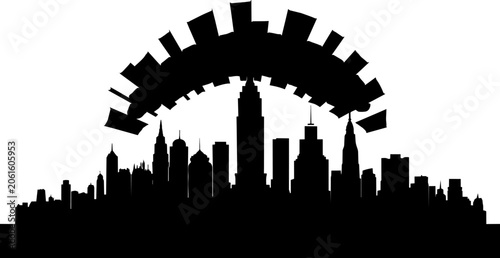 Schilderij op canvas City skyline silhouette with a circular, cog-like structure overhead, representi