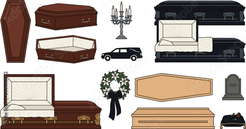 Tablou pe pânză Funeral Service and Cemetery Coffin Vector Icon Set with Wooden Caskets, Hearse