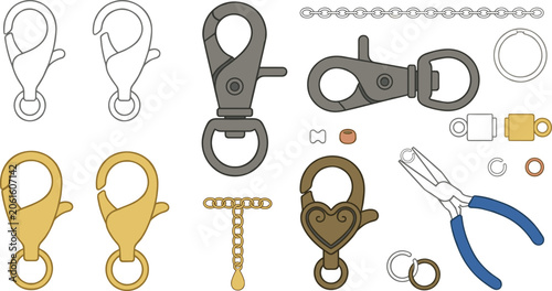 Canvas Print Lobster Claw Clasp and Jewelry Making Findings Vector Icon Set with Snap Hooks,