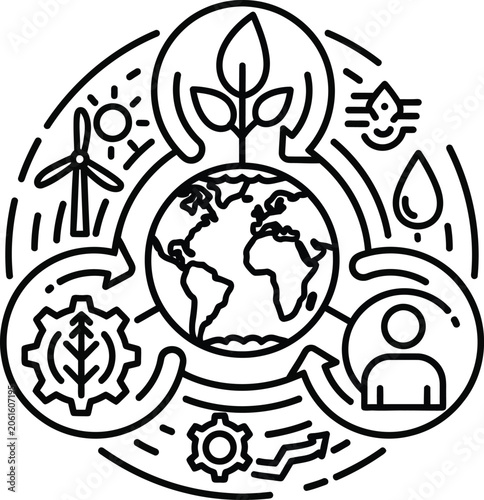 Earth at the center of circular arrows illustrates the interconnected relationship between natural resources, human activity, and industrial progress.