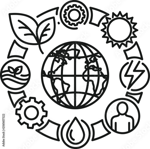 Globe encircled by environmental icons represents a unified global approach to sustainable industrial development and ecological conservation efforts.