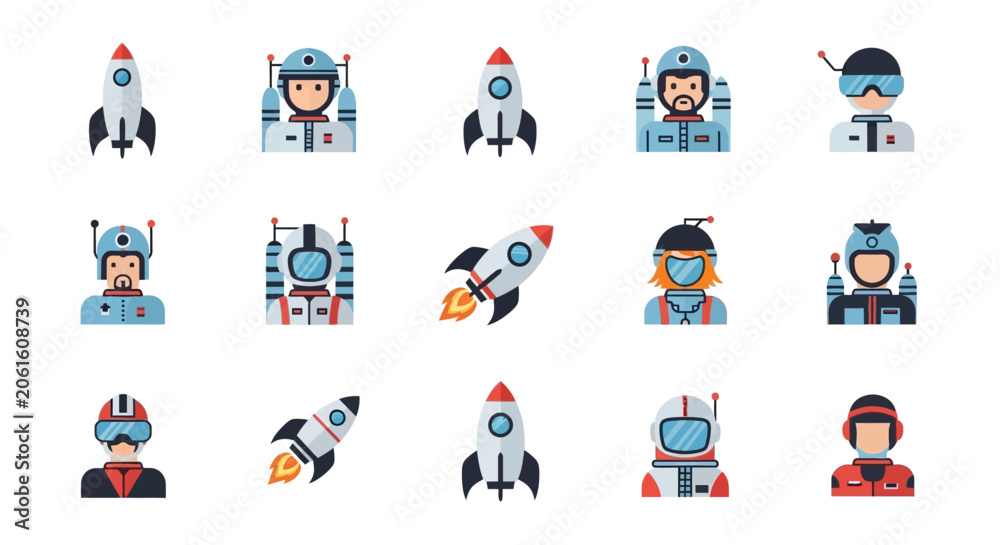 Fototapeta premium Space Exploration Astronaut and Rocket Icon Set