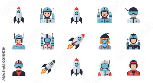Space Exploration Astronaut and Rocket Icon Set