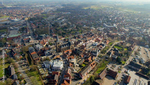 Aerial view beside the old town above the city Schüttorf in Germany, on a sunny afternoon in autumn.