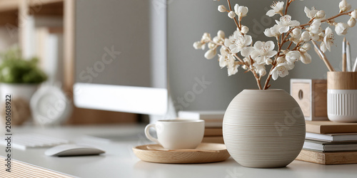 Modern workspace featuring a round vase with white flowers, a cup on a wooden plate, books, and a computer monitor in a stylish interior setting