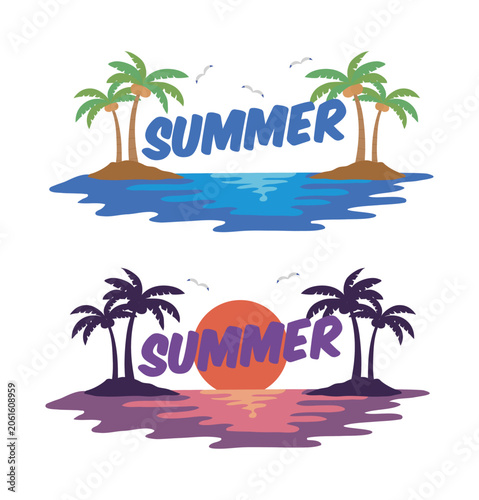 Two summer typography designs with tropical palm tree islands at day and sunset. Minimalist vector illustration of beach vacations with text, seagulls, and sunset reflection for travel banners.
