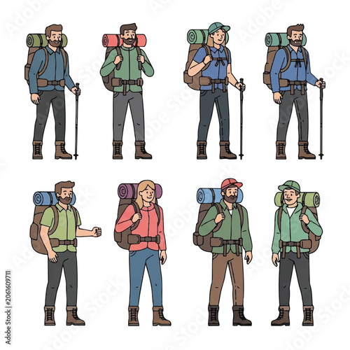 Vászonkép Group of hikers with backpacks standing.