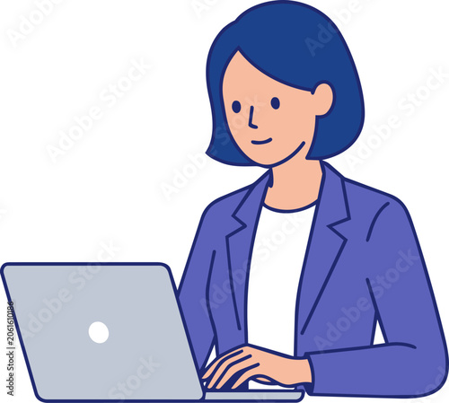 Young female professional doing desk work and data analysis on a laptop in flat vector illustration style