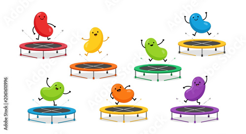Bilde på lerret Cute Jelly Bean Characters Jumping on Trampolines Clipart Set