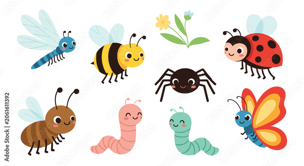 Fototapeta premium Set of adorable cartoon insects including a butterfly, bee, ladybug, spider, and worm with friendly smiling faces.